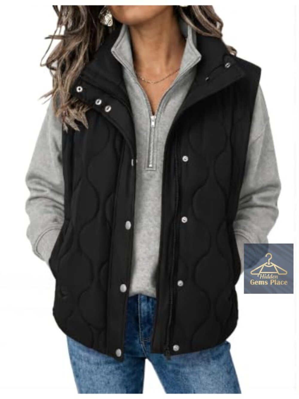 Oversized Quilted Puffer Vest Stand Collar Zip Up Sleeveless Winter Outerwear